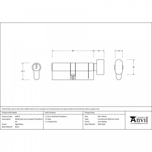 Aged Brass 40/40 5pin Euro Cylinder/Thumbturn KA